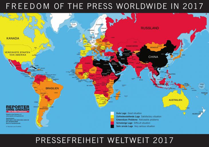 Freedom of the Press Worldwide in 2017 (source: Reporters without Borders)