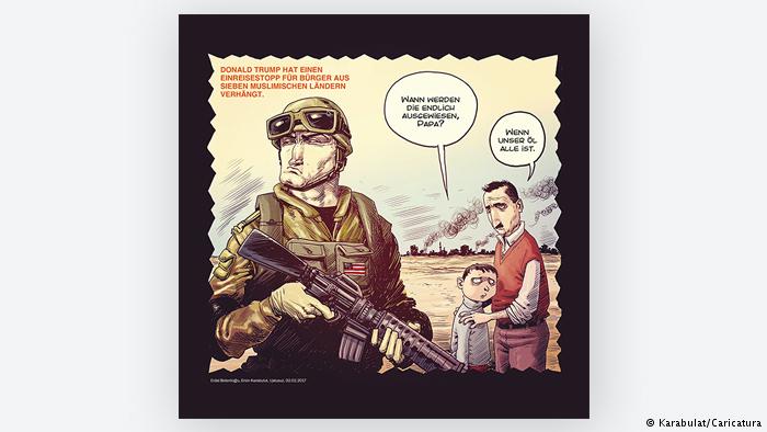 Cartoon, a soldier, a child and his father (photo: Karabulat/Caricatura)