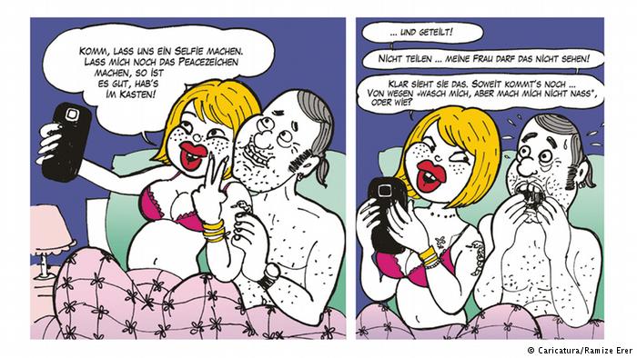 Cartoon by Ramize Erer. A woman and a man in bed taking selfies (photo: Ramize Erer/Caricatura)
