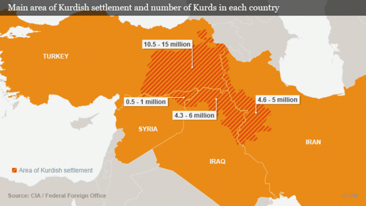 Areas of Kurdish settlement (source: DW, status: 2016)