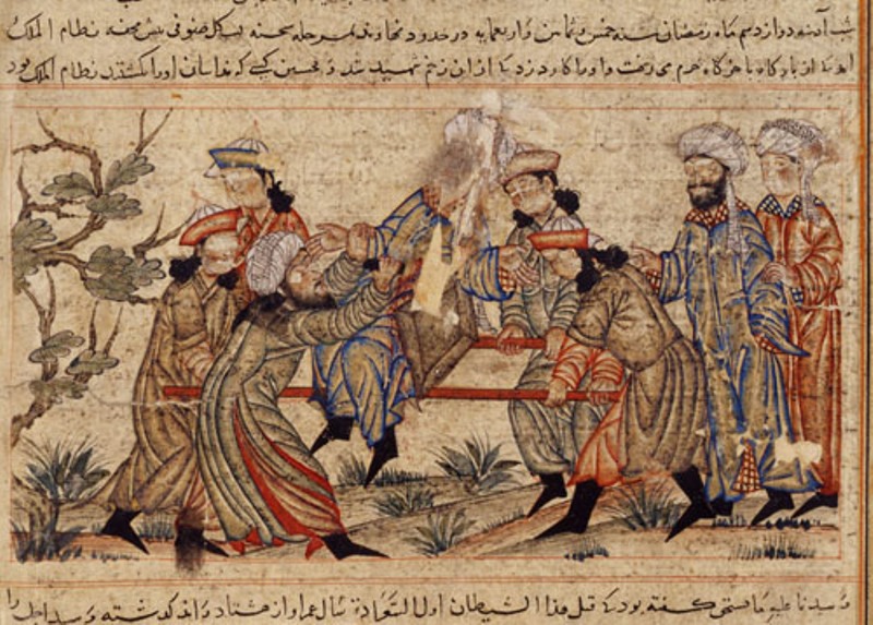 An agent (fida’i) of the Ismailis ("Order of Assassins") (left, in white turban) fatally stabs Nizam al-Mulk, a Seljuk vizier, in 1092 (source: Wikimedia Commons; Public Domain)