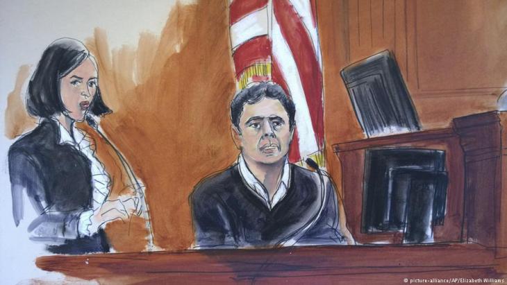 Sketch of court proceedings showing the former deputy chairman of the Turkish Halkbank, Mehmet Hakan Atilla, during his testimony in front of a jury in New York (photo: picture-alliance/AP/Elizabeth Williams)