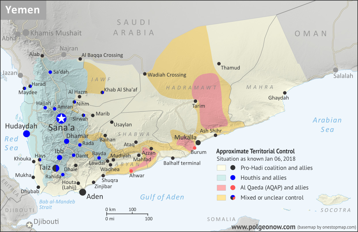 Map of Yemen showing areas under Houthi control (source: polgeonow.com; base map by onestopmap.com)