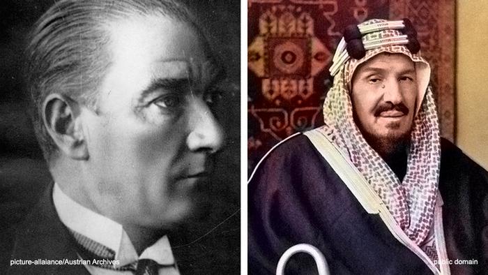 تركيا والسعودية...علاقة مد وجزر مديدة. الصورة: مصطفى كمال أتاتورك وعبد العزيز بن سعود.