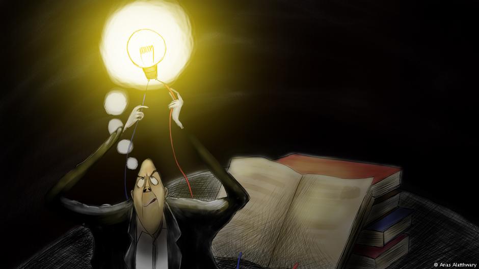 رسمة توضح مدى معانات الطلاب في ظل انقطاع الكهرباء. لرسام الكاريكاتير اليمني أنس الأثوري. تعز ، اليمن.