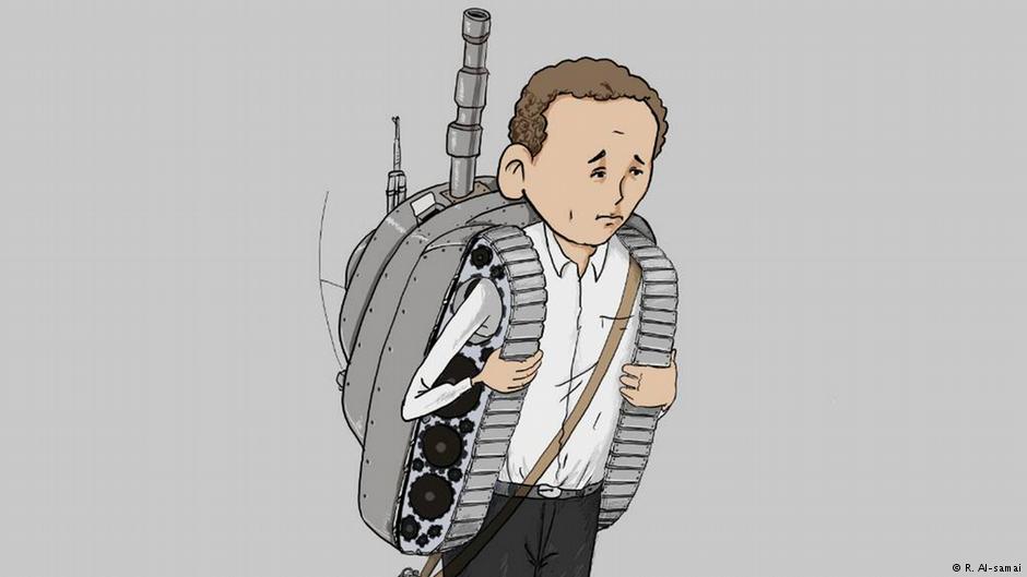 طفل يمني يحمل حقيبة قتال على شكل دبابة عوضاً عن حقيبة المدرسة. لوحة لرسام الكاريكاتير اليمني رشاد السامعي. تعز ، اليمن.