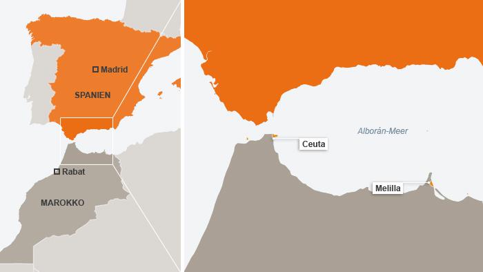 Tens of thousands of refugees are stranded around the Spanish exclaves of Ceuta and Melilla – most of them from sub-Saharan Africa (infographic: DW)