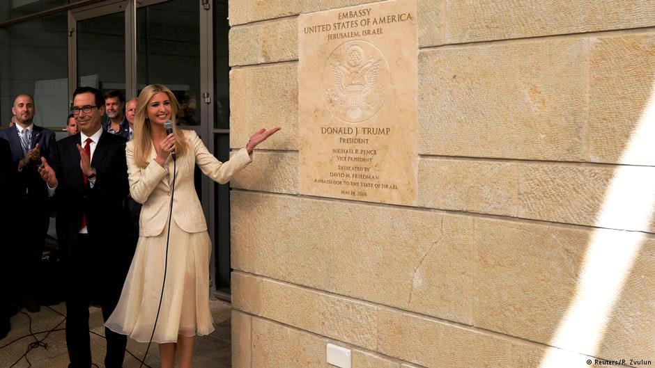 Senior White House Adviser Ivanka Trump and U.S. Treasury Secretary Steven Mnuchin stand next to the dedication plaque at the U.S. embassy in Jerusalem, during the dedication ceremony of the new U.S. embassy in Jerusalem, 14 May 2018 (photo: Reuters/R. Zvulun)