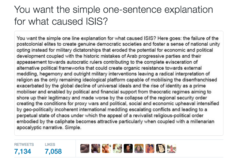 شرح مبسط لظاهرة تنظيم الدولة الإسلامية.  (source: Karl Sharro; Twitter)