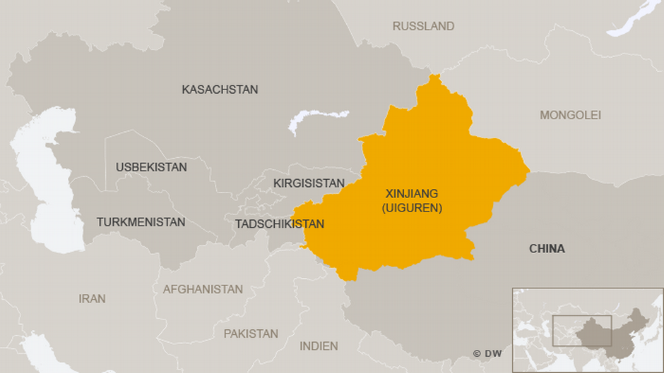 Infographic showing geographical position of Chinaʹs Xinjiang province (source: Deutsche Welle)