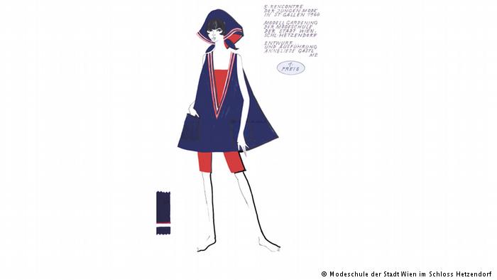A drawing for a fashion competition shows a woman wearing a headscarf and blue tunic over red shorts (photo: Viennese Municipal Fashion School, Schloss Hetzendorf)