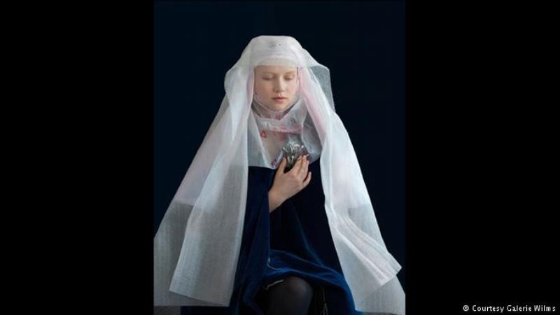 Suzanne Jongmans' photograph from her series 'Mind over Matter' uses recycled materials to recall works by Flemish masters featuring women with head coverings (photo: Galerie Wilms)