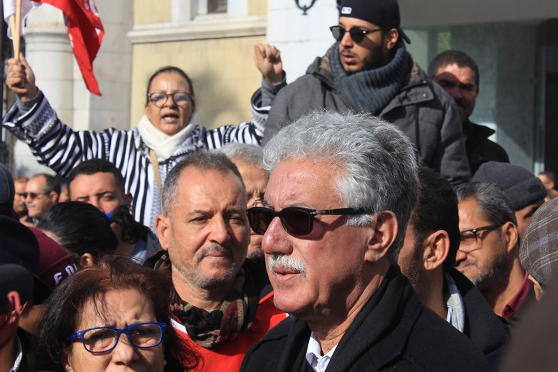 Hamma Hammami während einer Protestveranstaltung in der Innenstadt von Tunis im Rahmen des Generalstreiks; Foto: Sofian Philip Naceur