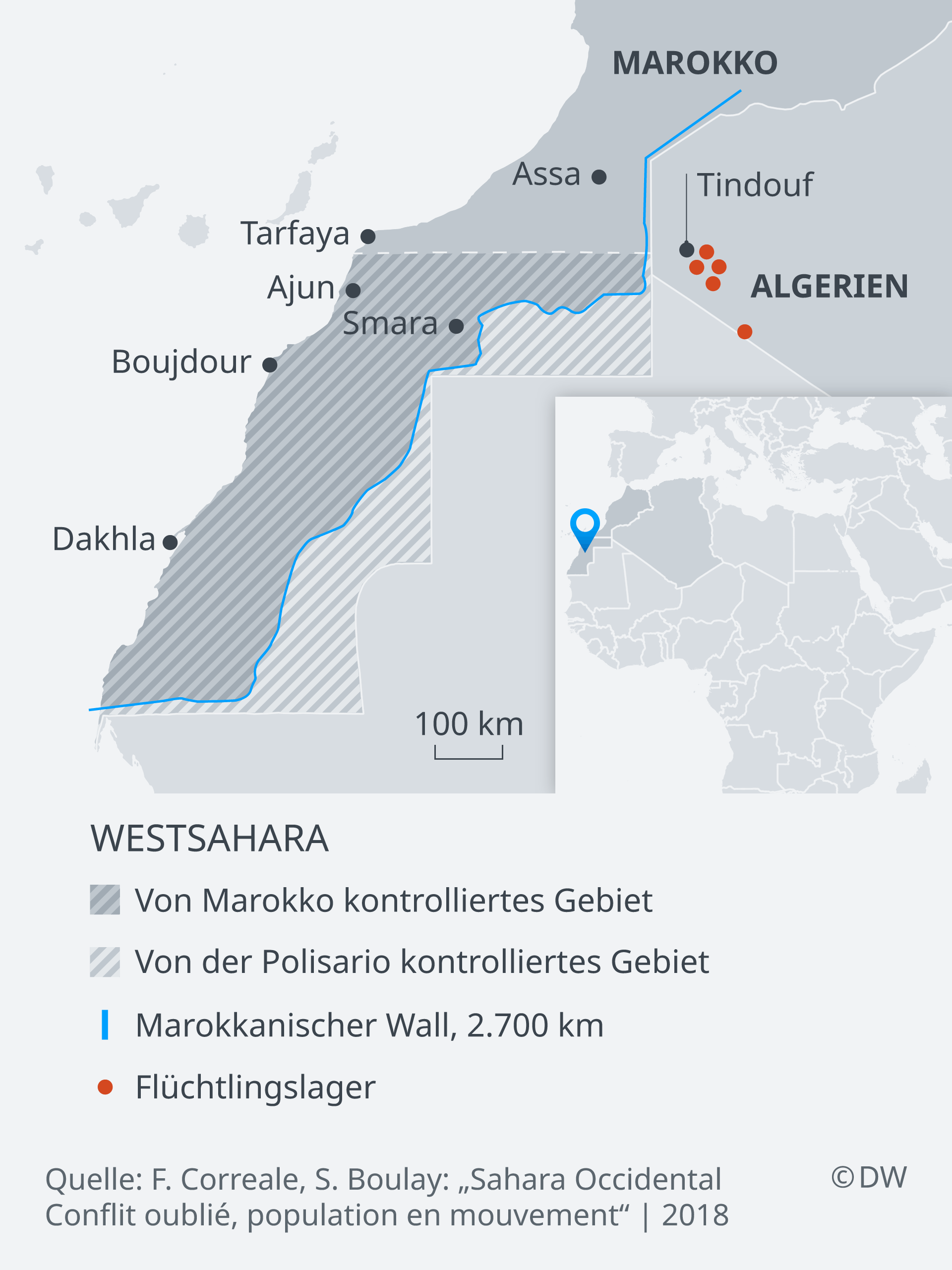 Karte der Westsahara und der angrenzenden Staaten Nordafrikas; Quelle: DW