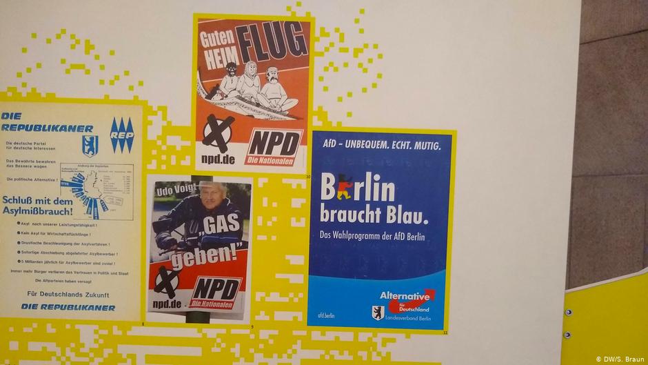 Republikaner, NPD and AfD election posters on display at the exhibition "Immer wieder? Extreme Rechte und Gegenwehr in Berlin seit 1945" (photo: DW/S. Braun)