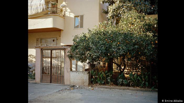 Image of a block of apartments with an orange tree in front (photo: Emine Akbaba)