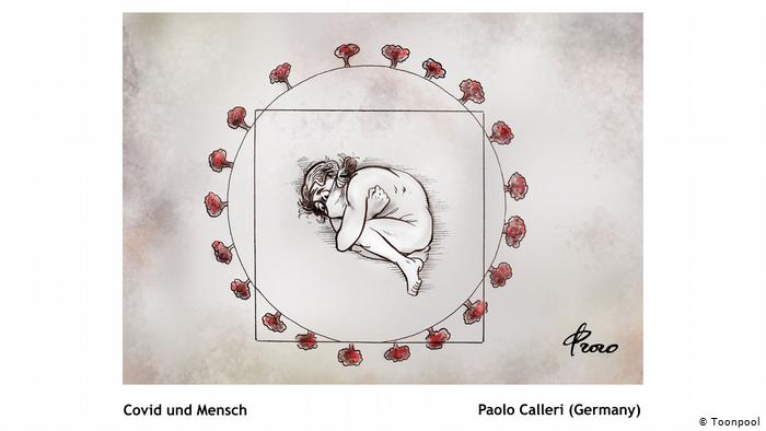 Cartoon of a person wearing a face mask and curled up in a foetal position, lying in a circle dotted with what might be viruses (Paolo Calleri, Germany)