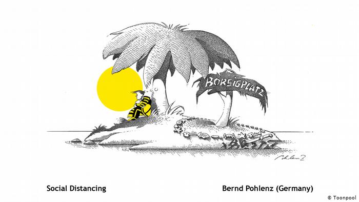 Cartoon of a man in a football strip sitting under  a palm tree on an island, entitled Social Distancing (Bernd Pohlenz, Germany)