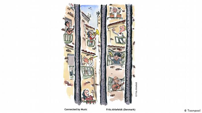 Cartoon of people on their balconies singing and playing music (Frits Ahlefeldt, Denmark)