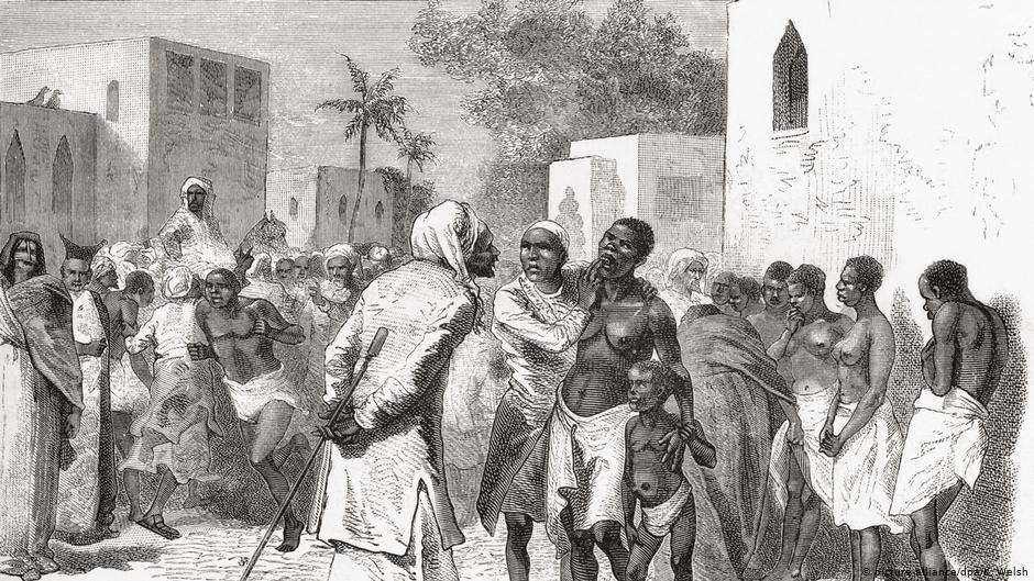 سوق للعبيد في زنجبار - رسم توضيحي من عام 1878. Quelle: picture-alliance/dpa