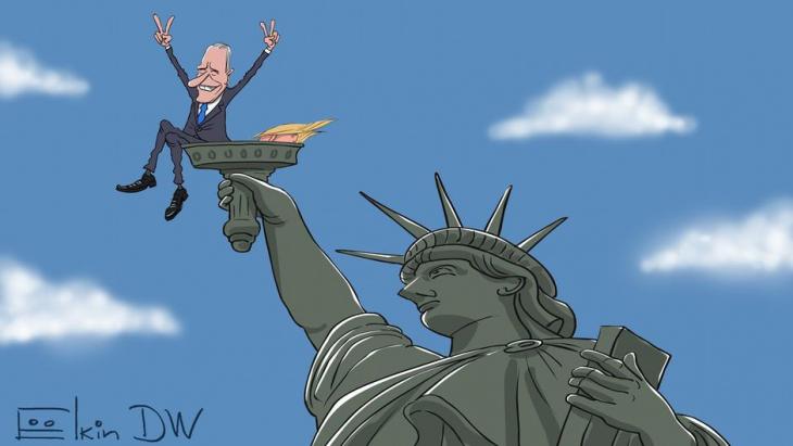 Caricature by Sergey Elkin: Joe Biden celebrates victory in the U.S. election (source: DW)