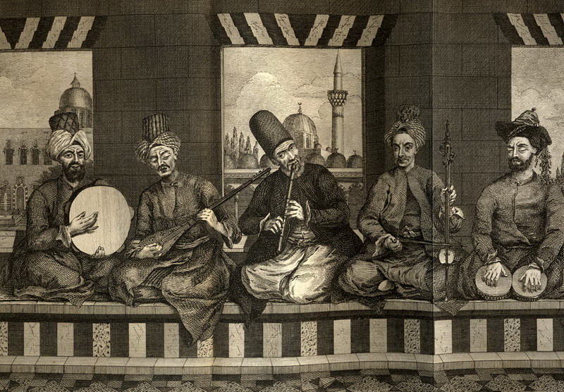 Syrian music band from Ottoman Aleppo, mid 18th century, by Alex. Russel, M.D. 1794. The Chamber Music drawn from life, as described by Russel, "the first is a Turk of lower class, he beats the Diff [Daff]. The person next to him is an ordinary Christian and plays the Tanboor. The middle figure is a Dervish, he is playing the Naie [Nay]. The fourth is a Christian of middle rank, he plays the Kamangi. The last man, he beats the Nakara with his fingers in order to soften the the sound for the voice, but the d