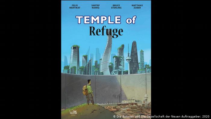 A man with a backpack stands in front of a futuristic modern world behind a wall (photo: the authors of "Temple of Refuge" and the New Patrons)