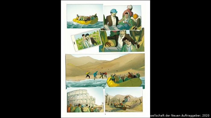 Illustrations of people crossing fences and seas and in Rome (photo: the authors of "Temple of Refuge" and the New Patrons)