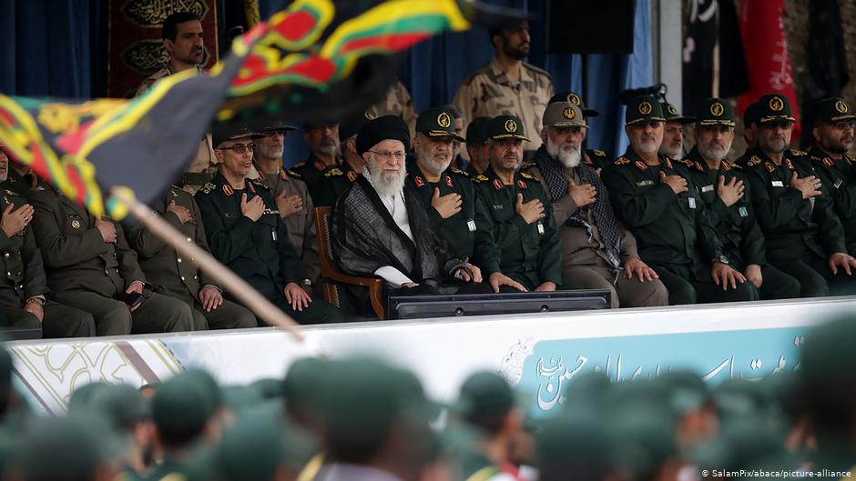 Iran's Supreme Leader Ayatollah Ali Khamenei and General Hossein Salami chief of the Revolutionary Guards attend a graduation ceremony for Iran's Islamic Revolutionary Guard Corps (IRGC) cadets at Imam Hussein University in Tehran, Iran, on 13 October 2019.