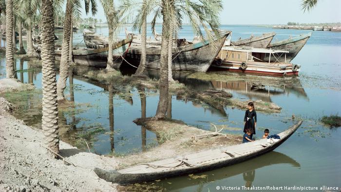 Wooden boats on the shores of the Tigris river, palm trees, three children stand next to a canoe
