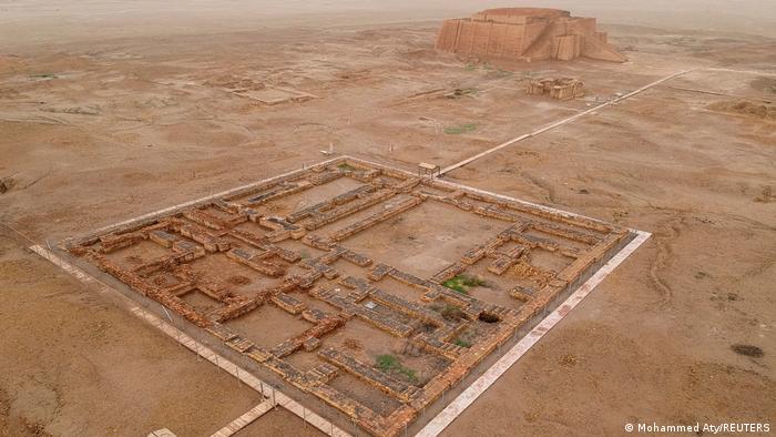 Archaelogical city of Ur from above, remains of walls in a rectangle in arid landscape