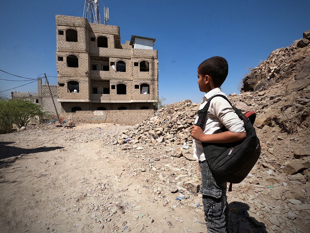 12-year-old Ahmed Al-Yousofi is among 1150 children using in an unfinished house near the frontlines in Taiz as a school.