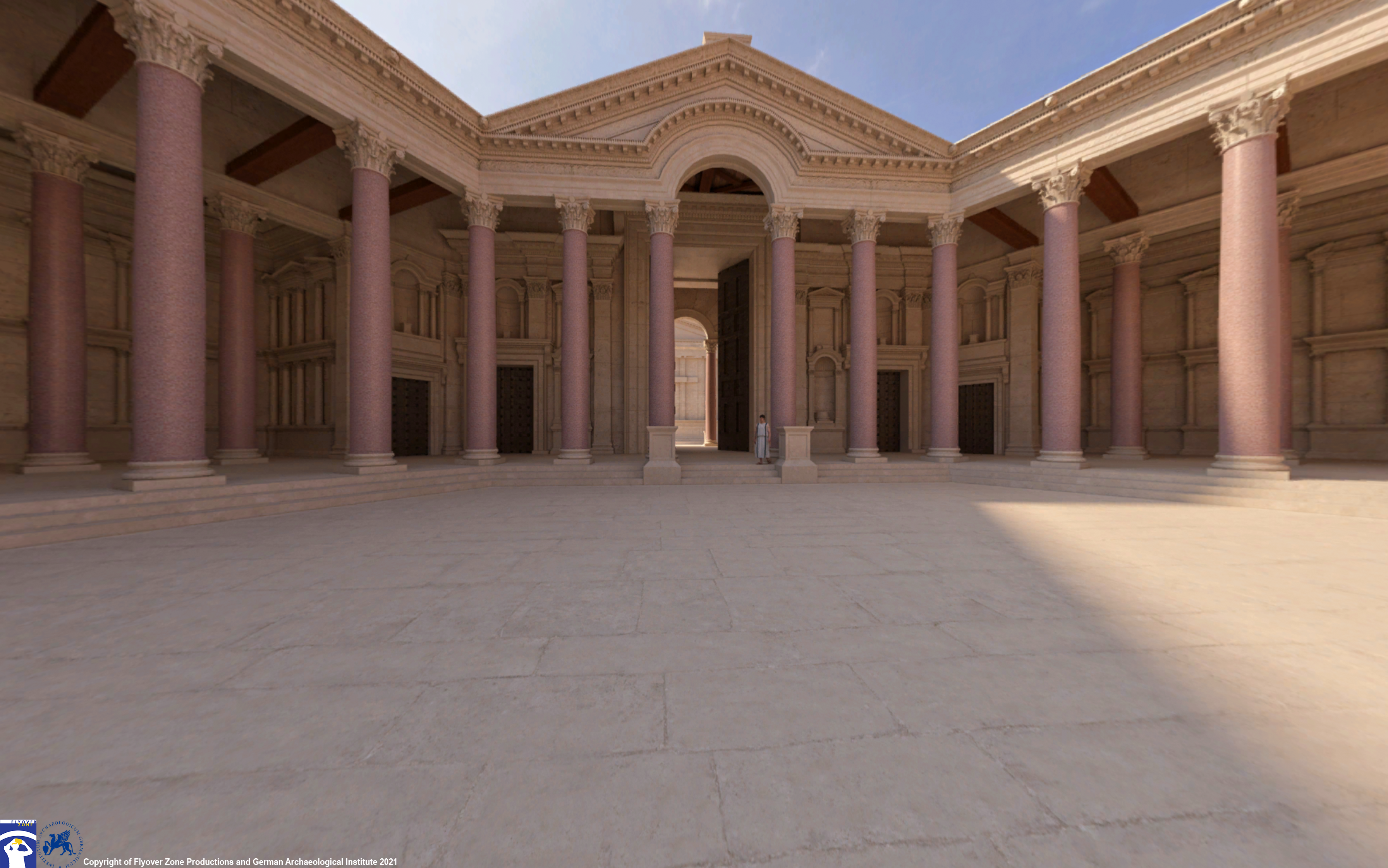 Reconstruction of the hexagonal courtyard, Temple of Jupiter, Baalbek (photo: Flyover Zone; © Flyover Zone and German Archaeological Institute)