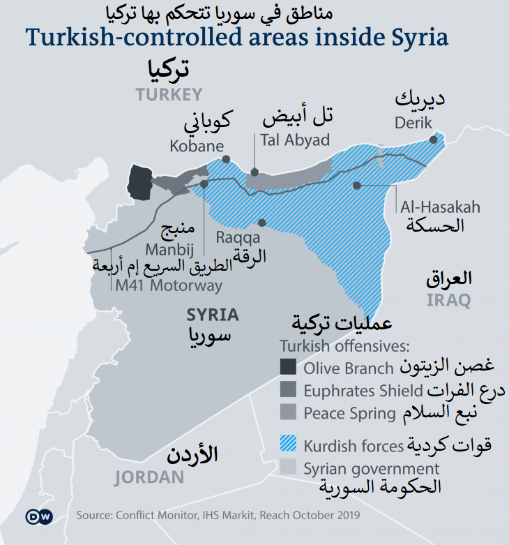 مناطق في سوريا تتحكم بها تركيا.