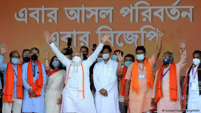 Prime Minister Narendra Modi at an election campaign at Dumurjala Stadium during state assembly elections in Howrah, West Bengal, on 6 April 2021