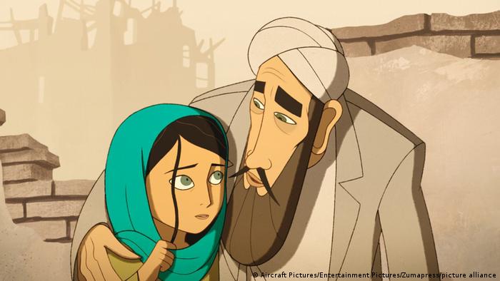 Cartoon figures: a young girl with a headscarf embraced by an older man in Afghan dress