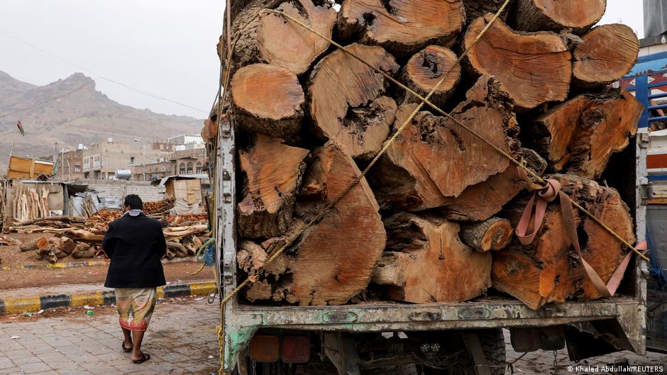 A man walks by a truck loaded with logs at a firewood market in Sanaa, Yemen, 17 July 2021 (photo: Reuters/Khaled Abdullah)