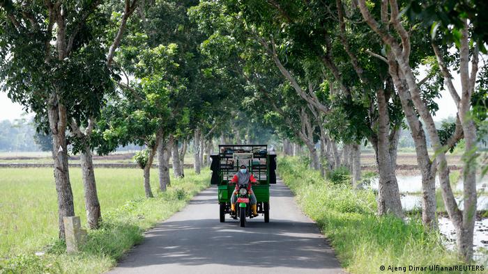 Reden Roro Hendarti drives along the road on her tricycle
