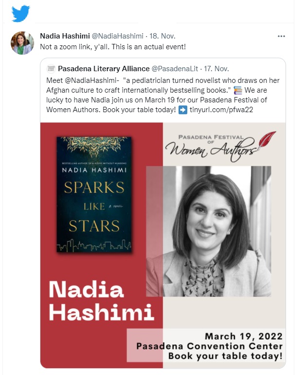 من حساب الروائية وطبيبة الأطفال الأفغانية الأمريكية نادية هاشمي على تويتر.  FOTO Twitter @NadiaHashimi