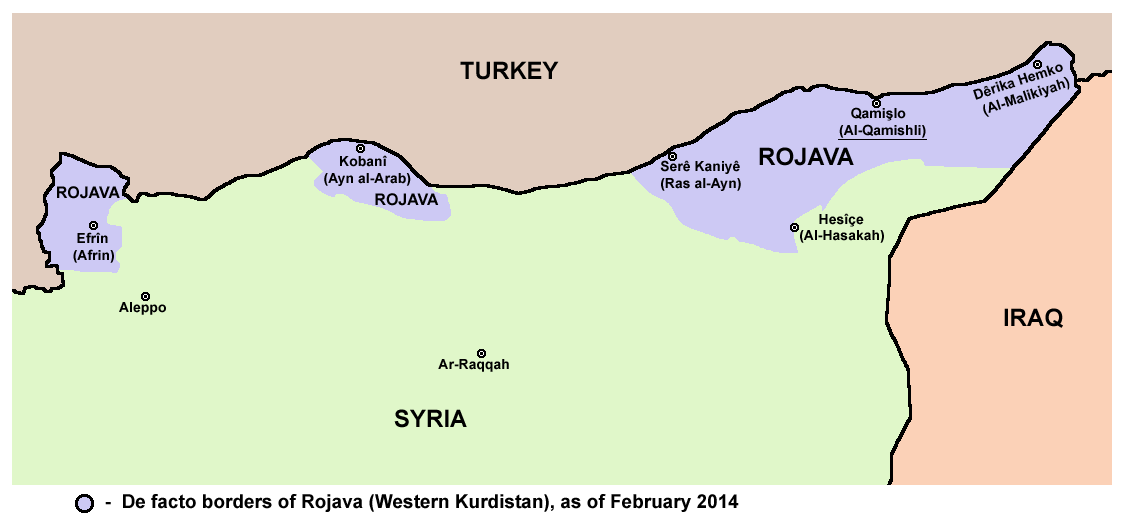 Kurdish settlement areas referred to as Rojava (map: Wikipedia)