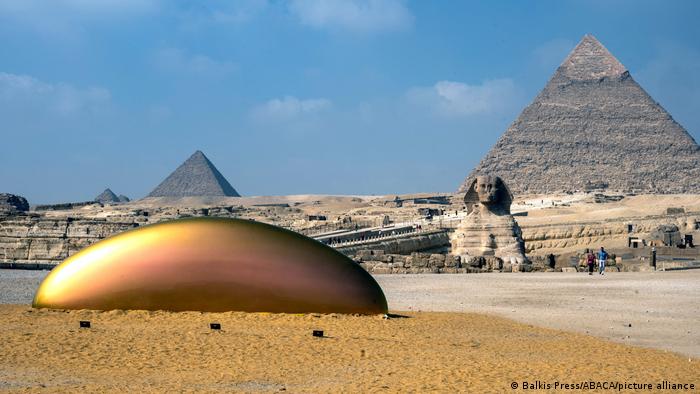 An installation entitled Eternity Now by American artist Gisela Colon seen near the Sphinx and the pyramids on the Giza Plateau, near Cairo, Egypt on October 25, 2021