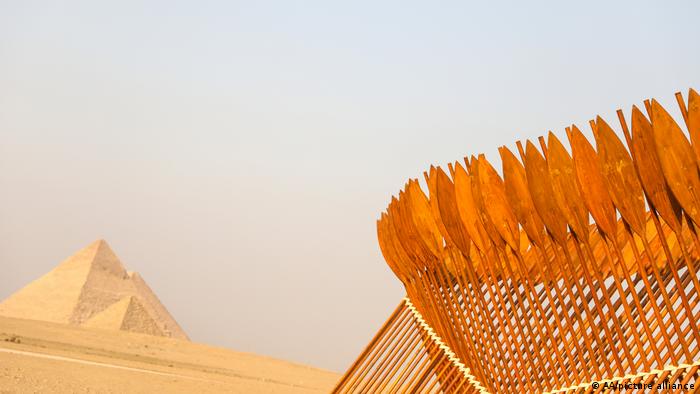 A view of the installation during the "Forever Is Now" exhibition at the Giza Pyramids, in Cairo, Egypt on 23 October 2021