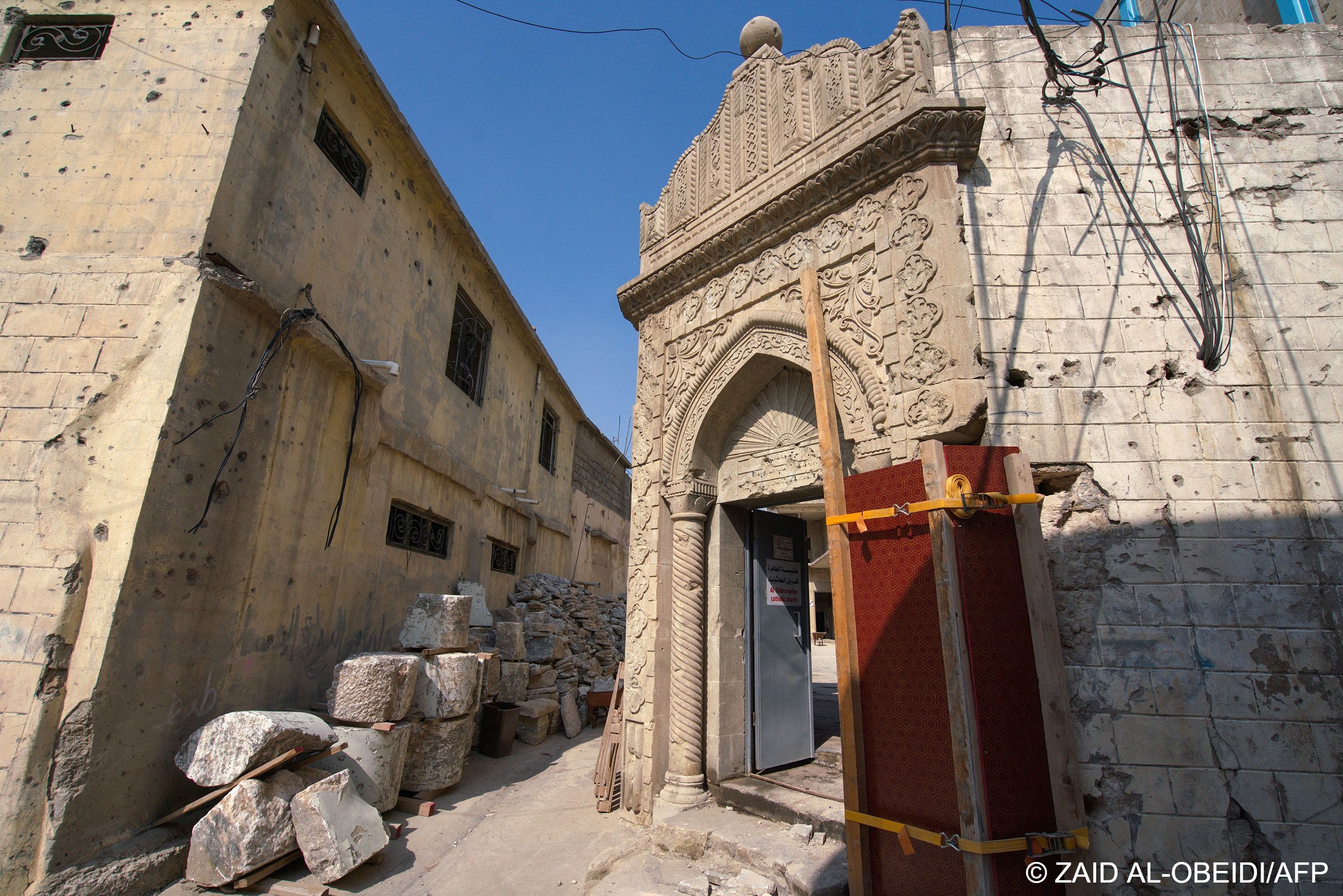 A picture shows a view of renovations at the Church of the Immaculate Conception (Al-Tahira-l-Kubra) supported by the United Nations Educational, Scientific and Cultural Organization UNESCO, in the old town of Iraq‘s northern city of Mosul, on 23 February 2022 (photo: Zaid Al-Obeidi/AFP)