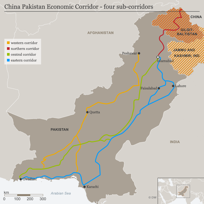 Map of the projected China-Pakistan Economic Corridor (source: DW)