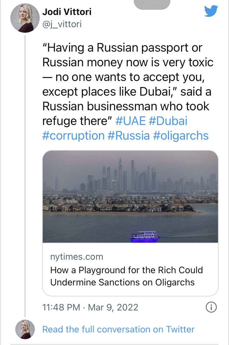 تغريدة في تويتر حول دبي كملاذ لأثرياء الروس. Tweet Dubai znd reiche Russen Quelle Twetter