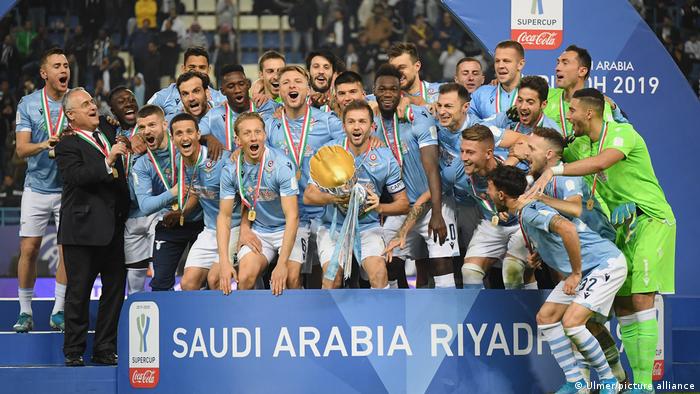 The Lazio Roma team at the presentation ceremony with trophy after the Supercoppa Italiana 2019 in Riyadh