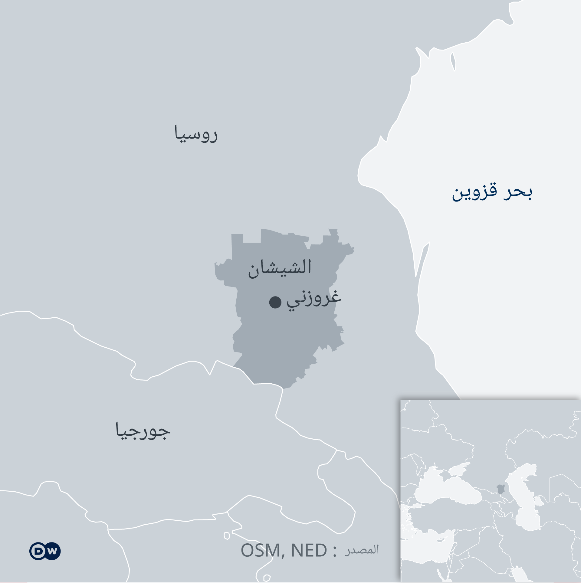 رسم يوضح موقع الشيشان على الخارطة – خريطة روسيا. Tschetschenien Russland Map Karte Rechte DW