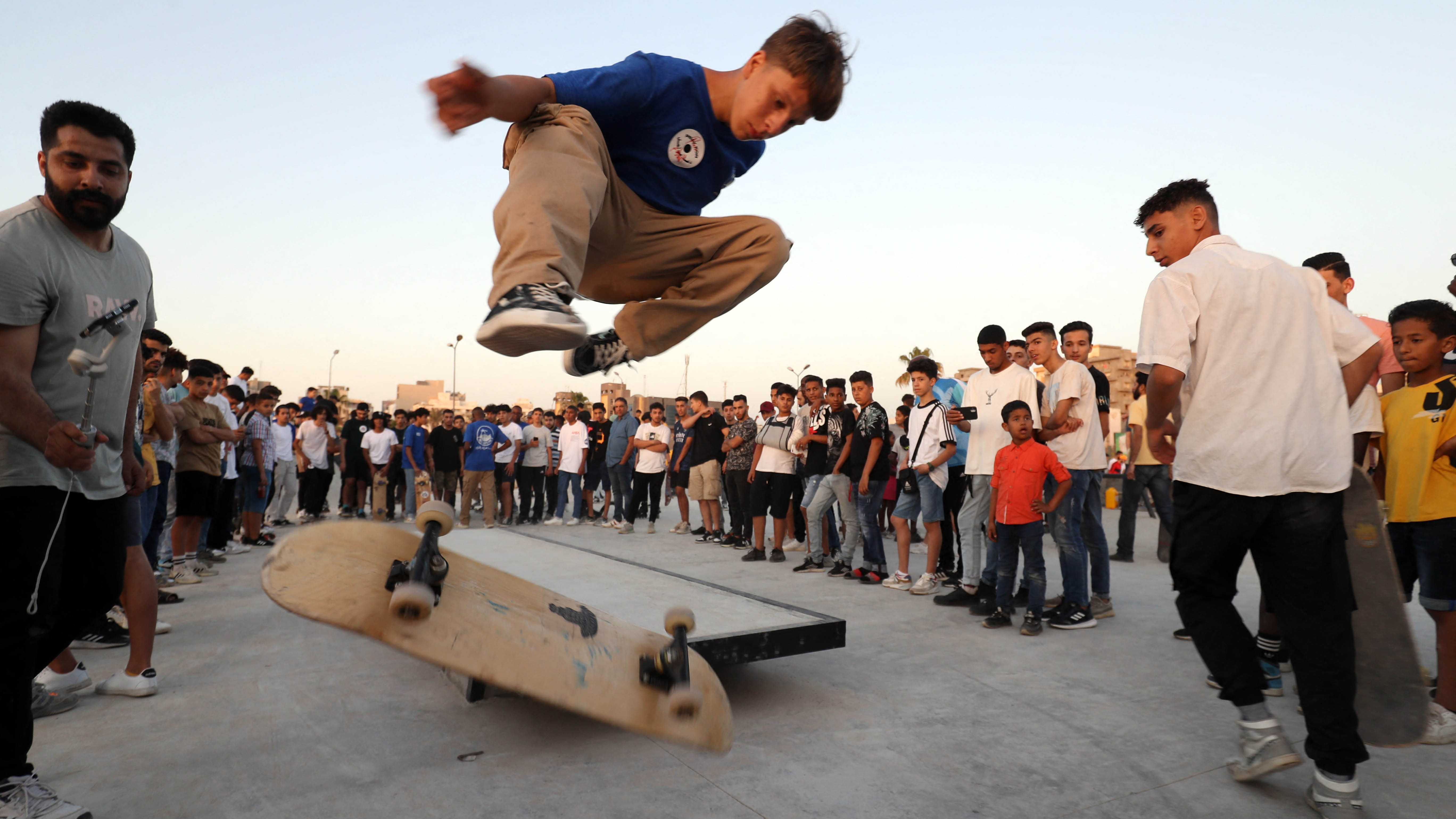 Skateboarders show off their skills during the inauguration of a skatepark, a first in Libya, in the capital Tripoli. 