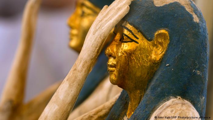 Recently unearthed ancient artefacts are displayed during a press conference at a makeshift exhibit at the feet of the Step Pyramid of Djoser, in Saqqara, 24 kilometres southwest of Cairo, Egypt, 30 May 2022