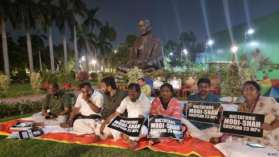 Opposition MPs are doing a 50-hour sit and sleep-in protest after being suspended from Lok Sabha and Rajya Sabha. Their demand is to revoke suspension and to discuss price rises in parliament (photo: All India Trinamool Congress; AITC)